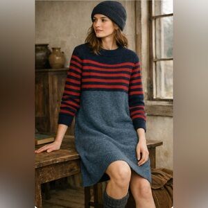 Toast UK Blue Red 100%Wool Donegal Knit Sweater Dress UK 10 US 6 Preppy Coastal